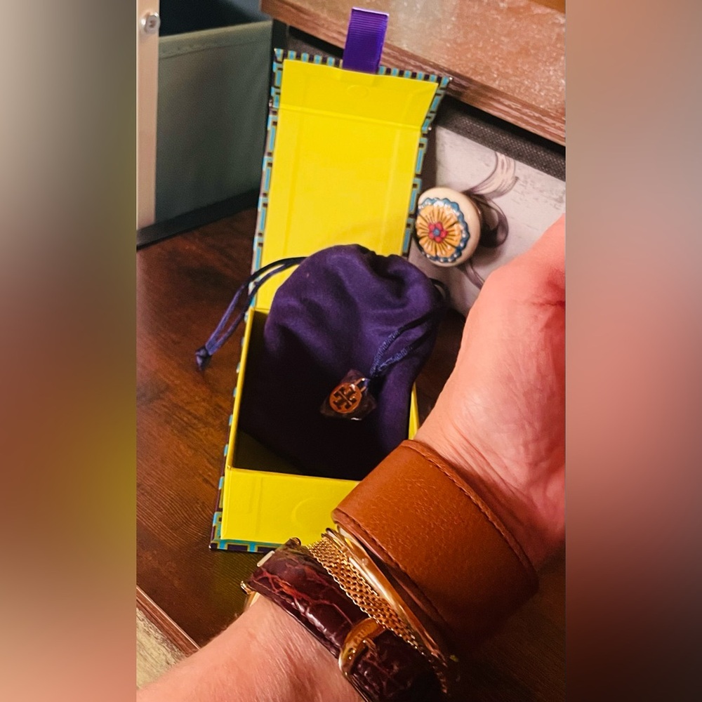 Tory Burch Wide Leather and Gold Emblem Double-Snap Cuff Bracelet - Picture 5 of 12
